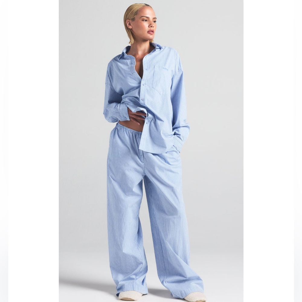 NWT SKIMS Cotton Poplin Oversized Sleep Set Cadet Stripe Pajama Set Sz.XL